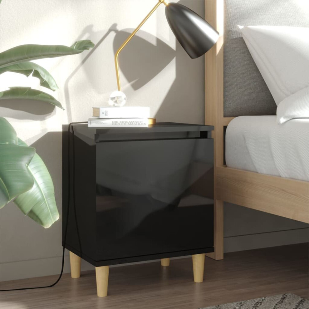 vidaXL Bed Cabinet with Solid Wood Legs High Gloss Black Nightstand Bedroom