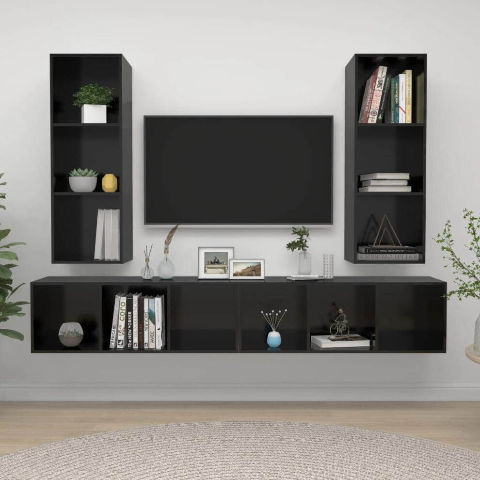 vidaXL 4x Wall Mounted TV Cabinets High Gloss Black Chipboard Living Room