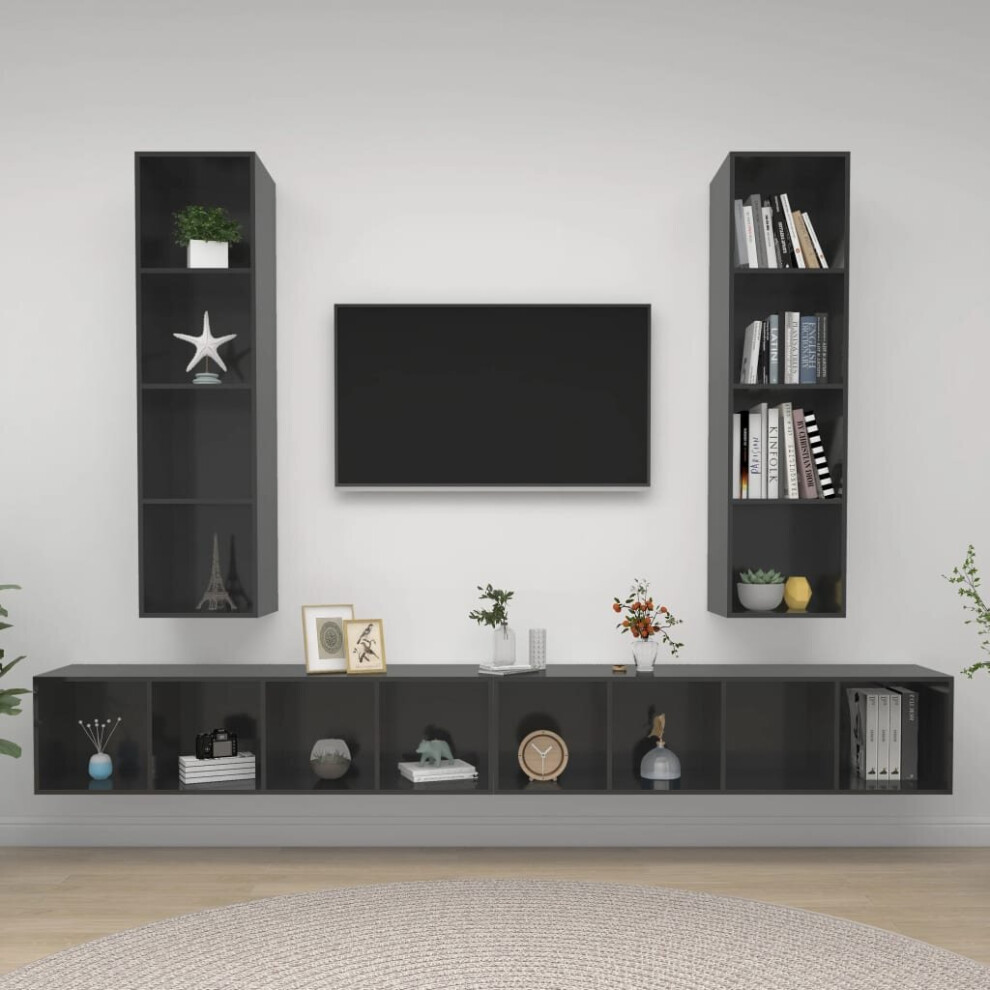 vidaXL 4x Wall Mounted TV Cabinets High Gloss Grey Chipboard Stand Living Room