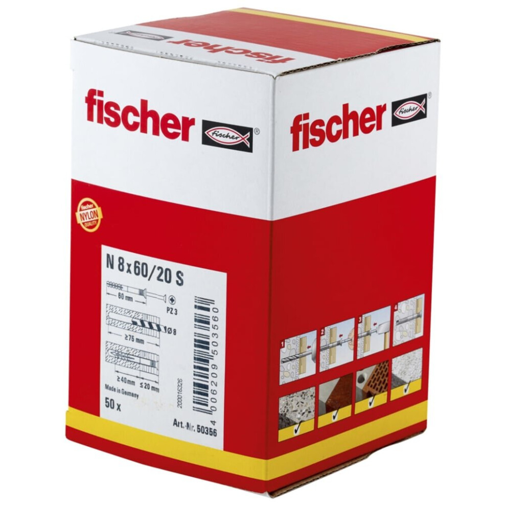 Fischer Plug With Countersunk Head Set 50 Pieces N 8 X 60/20 S Hammer Bits