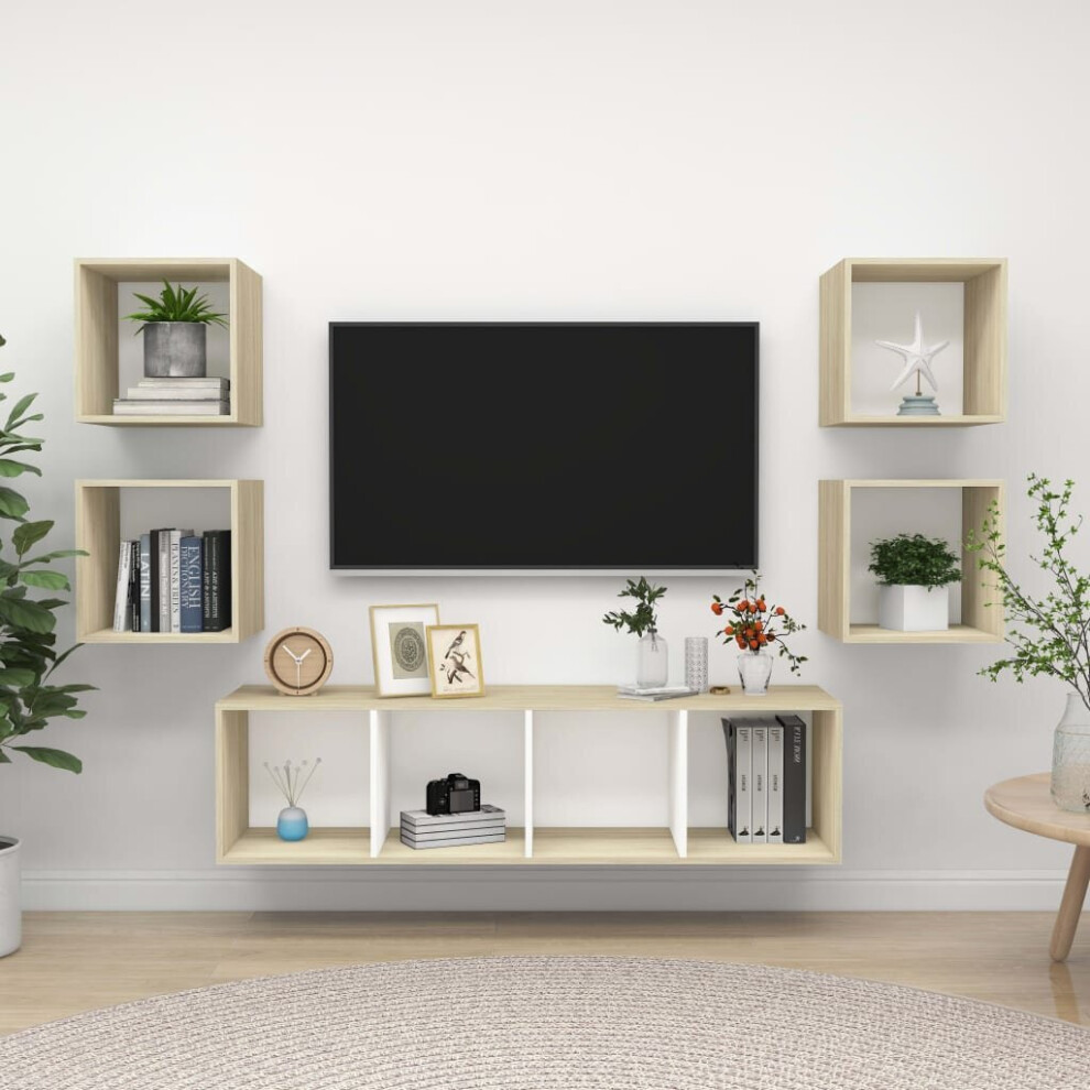 vidaXL TV Cabinet Set 5 Piece White and Sonoma Oak Engineered Wood TV Stand