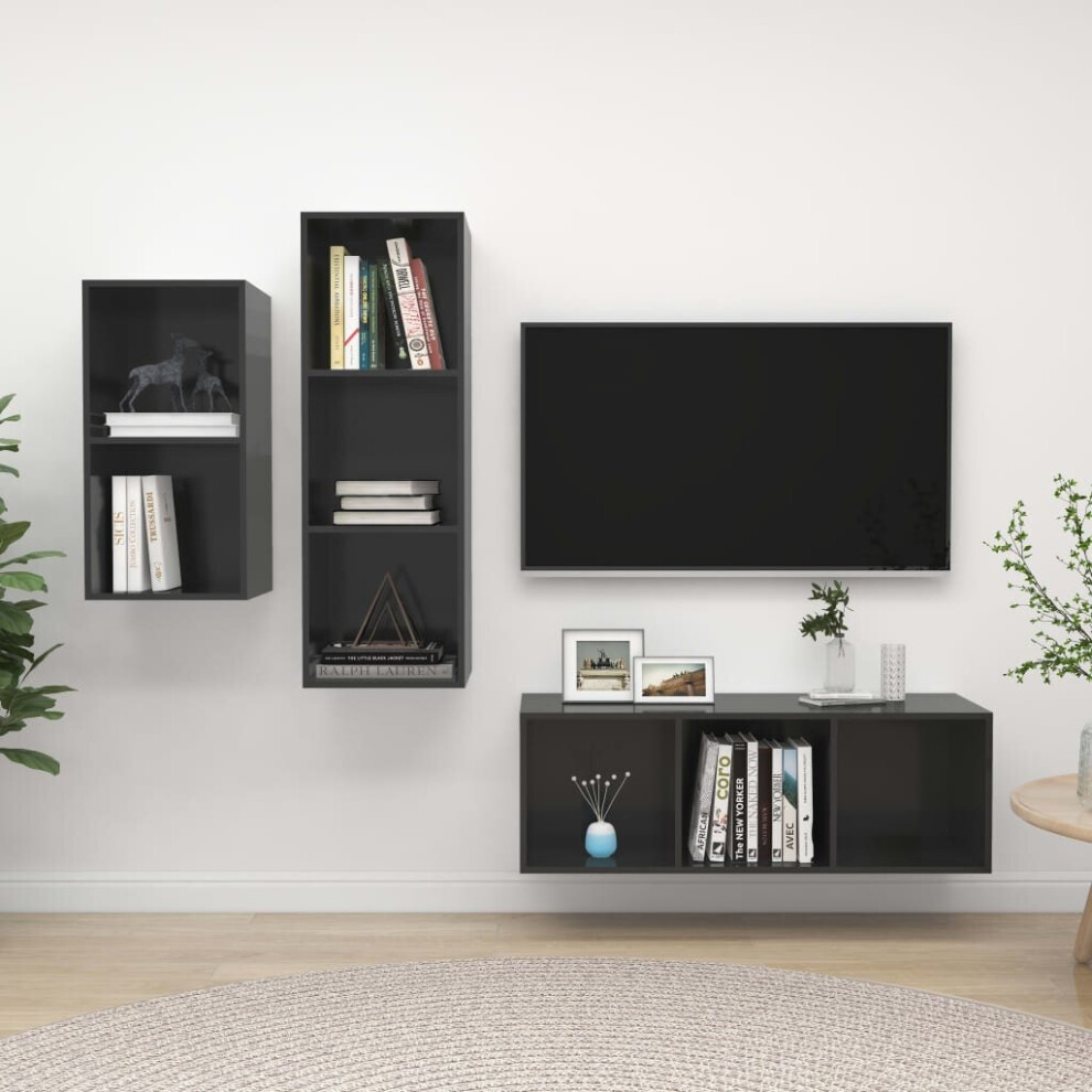 vidaXL TV Cabinet Set 3 Piece High Gloss Grey Engineered Wood Stereo Cabinet