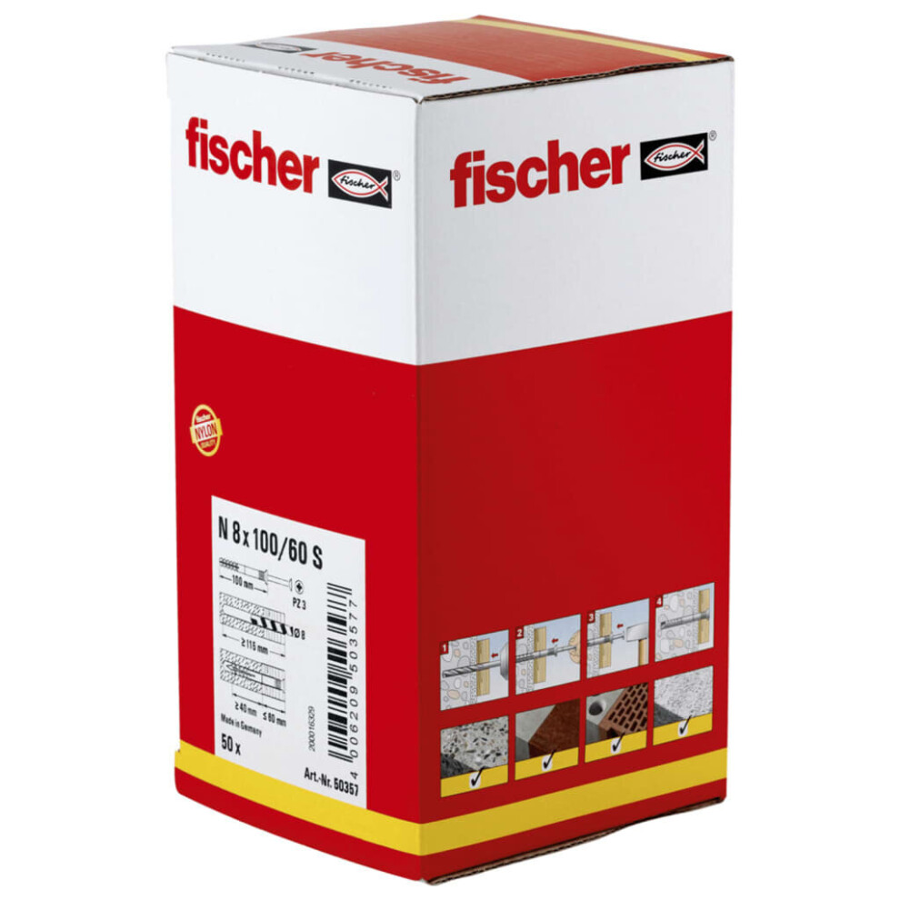 Fischer Plug With Countersunk Head Set 50 Pieces N 8 X 100/60 S Hammer Bits