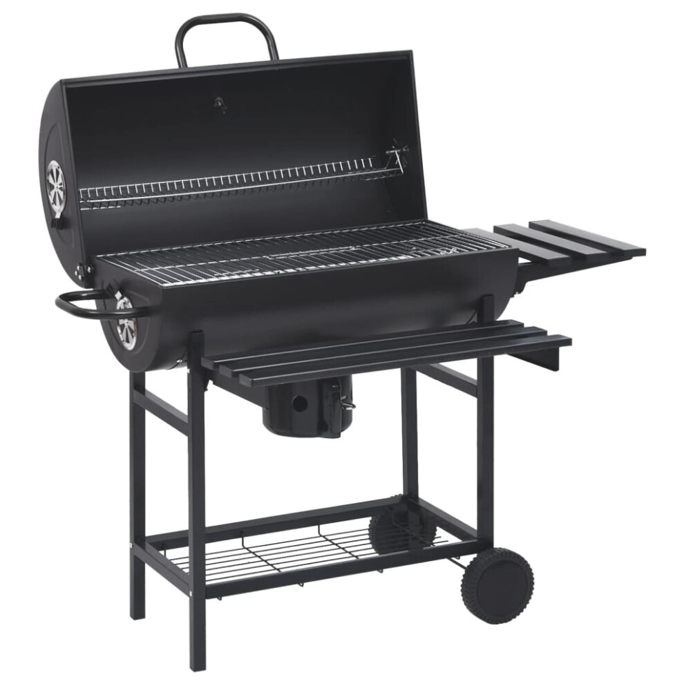 vidaXL Barrel Grill with Wheels and Shelves Black 115x85x95 cm Steel BBQ Grill