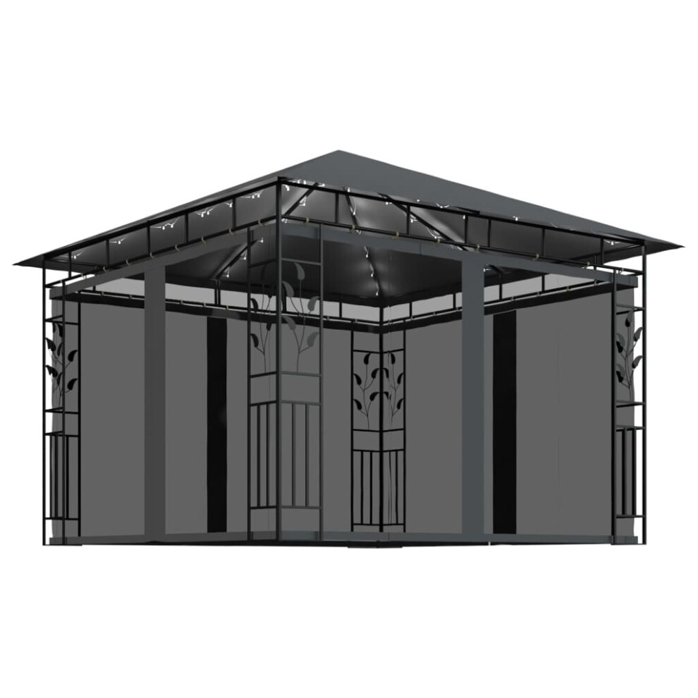 Vidaxl Gazebo With Mosquito Net & Led String Lights 3X3x2.73 M Anthracite