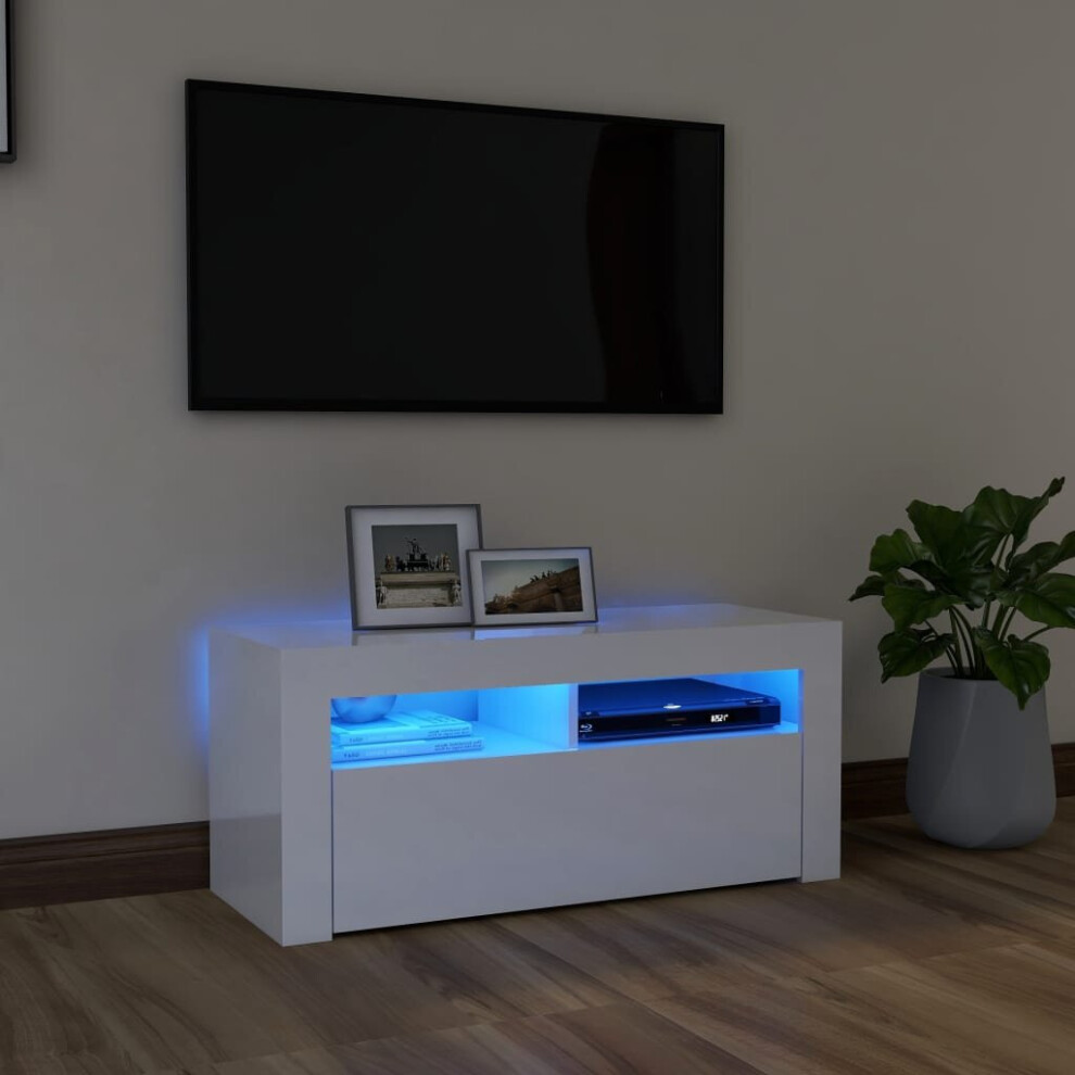 vidaXL TV Cabinet With LED Lights High Gloss White Hifi Stand Living Room