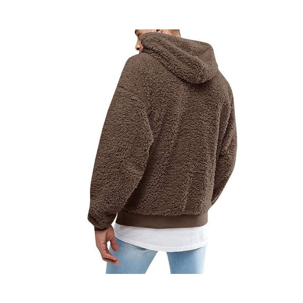 (Coffee, L) Men's Winter Fluffy Hoodie Hooded Jacket Sweater 