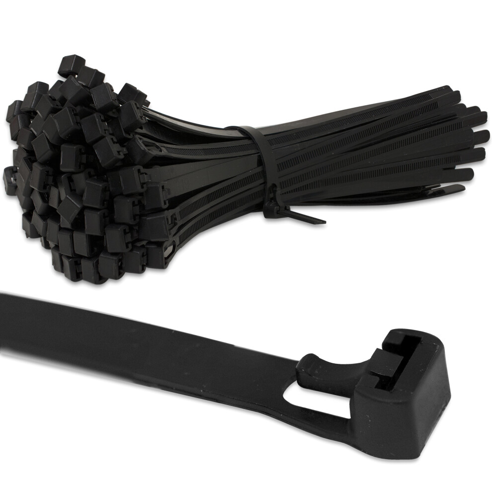 (7.4mm x 200mm) Black Releasable Reusable Zip Tie Cable Wraps