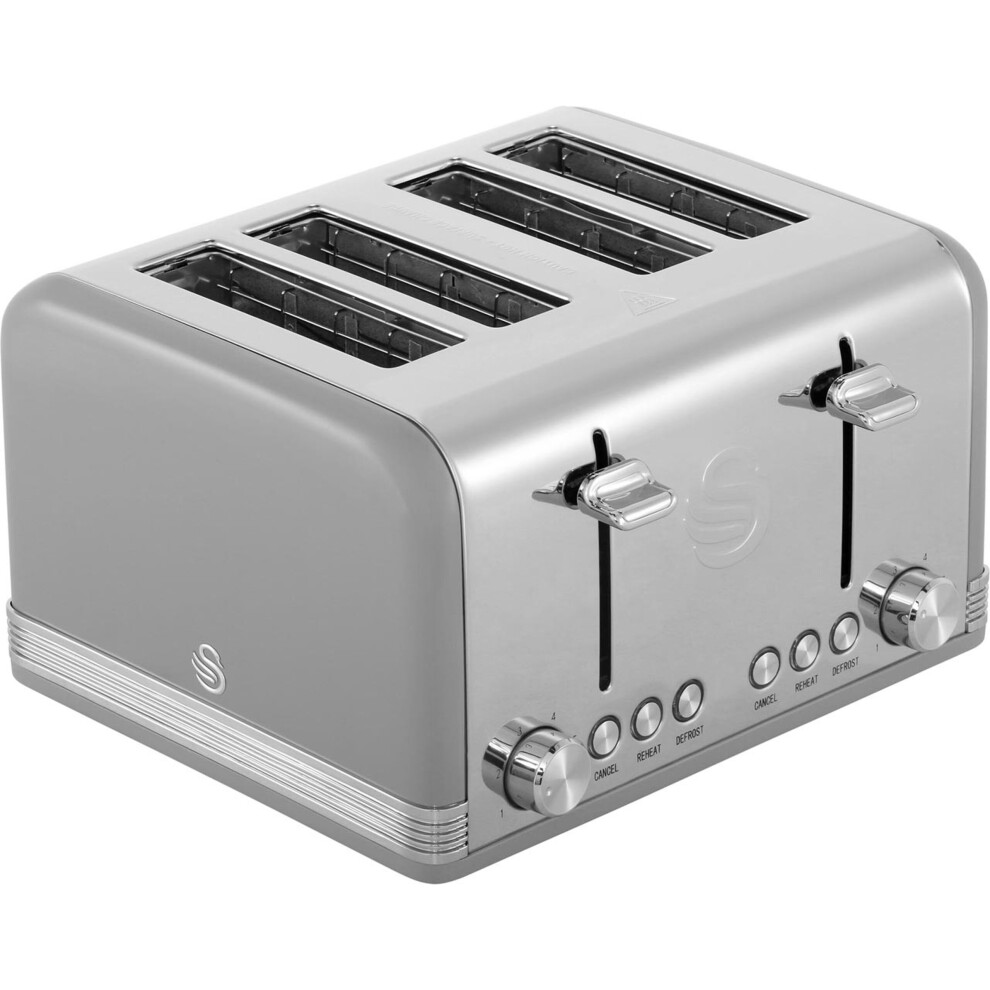 Swan ST19020GRN Retro 4-Slice Toaster with Defost/Reheat/Cancel Functions, Cord Storage, 1600W, Retro Stainless Steel in Grey