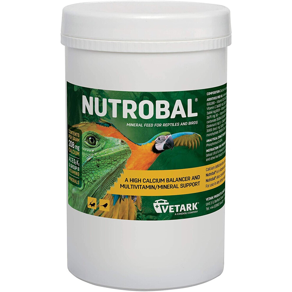 Nutrobal Calcium + Vitamin D3 for Reptiles, Birds & Rabbits 250g powder; high-potency Ca with 46:1 Ca:P, dust onto food for bones and reproduction