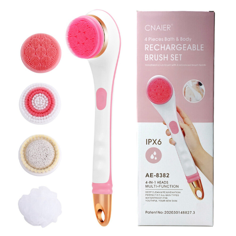 (pink) Electric Massager Silicone Bath Brush Back Scrubber 4 Brush Heads USB Rechargeable Rotating Shower Brush 2 Speeds Long Handle