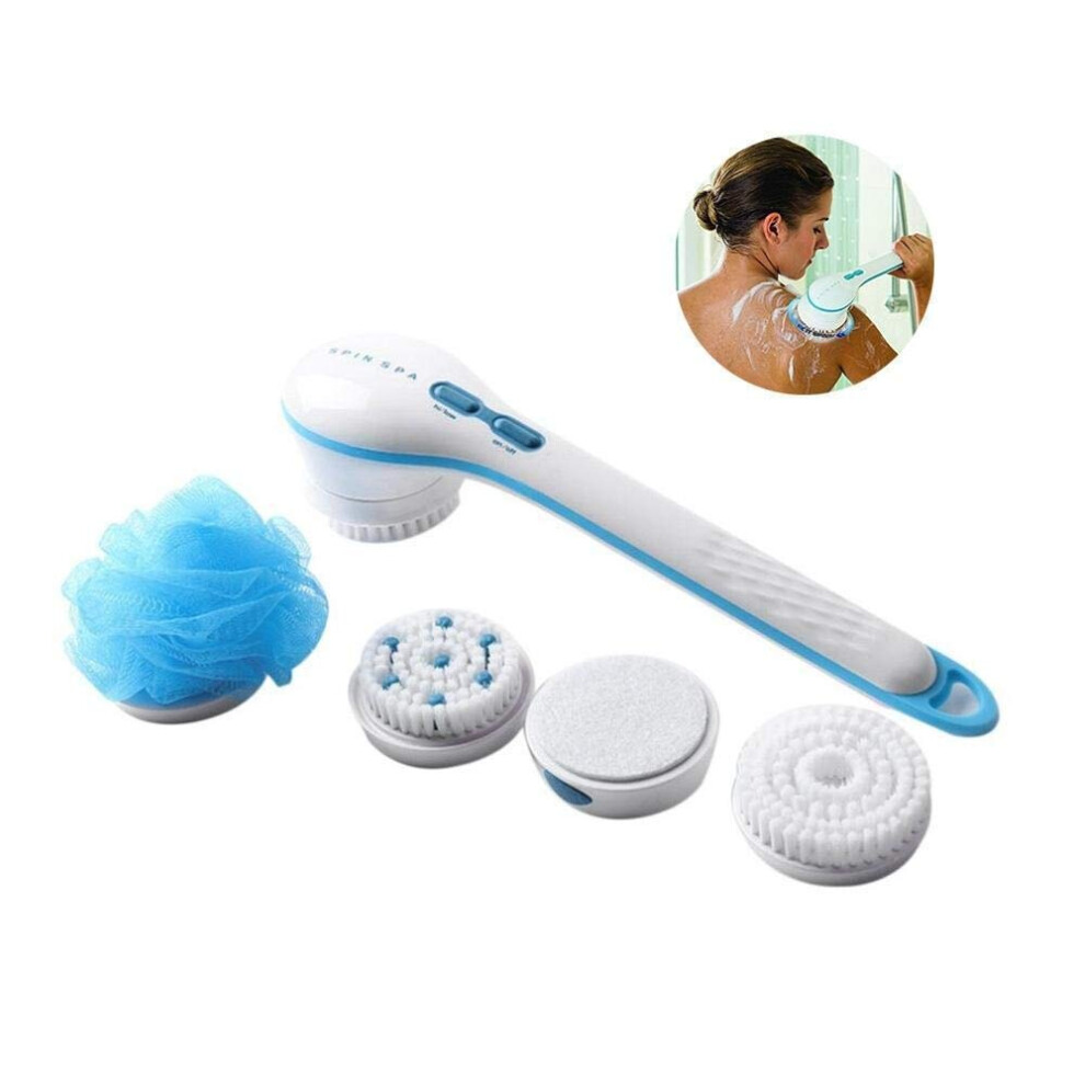 (blue 2) Electric Massager Silicone Bath Brush Back Scrubber 4 Brush Heads USB Rechargeable Rotating Shower Brush 2 Speeds Long Handle