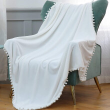 Throw Blanket Pompoms Fringes Tassel Cozy Flannel Solid Color Microfiber Fleece Blanket Fluffy Blanket 164x120cm Ivory