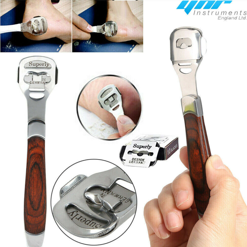 Ynr (Wood) Callus Corn Hard Skin Remover Shaver Foot Pedicure Kit Feet With 10 Blades