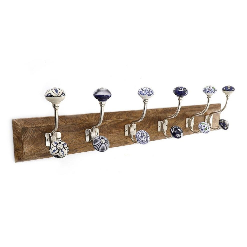 6 Double Hooks on Wooden Base For Clothes