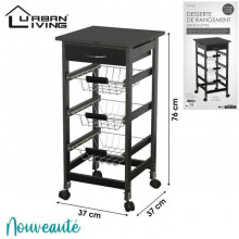 Paniers Kitchen Trolly Storage Cabinet - Black Metal, 1 Drawer + 3 Metal Baskets, 4 Wheels, 76x37x37 cm (400103)