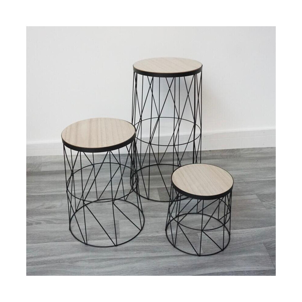 Set of 3 Wire Round Plant Stands With Wooden Top Base