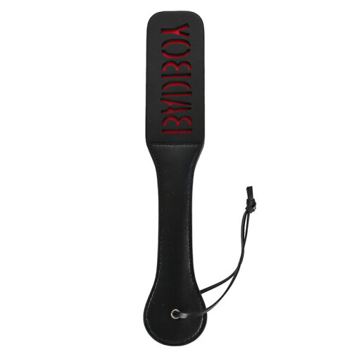 BDSM Paddle with Reverse Text - BAD BOY - Black and Red Faux Leather