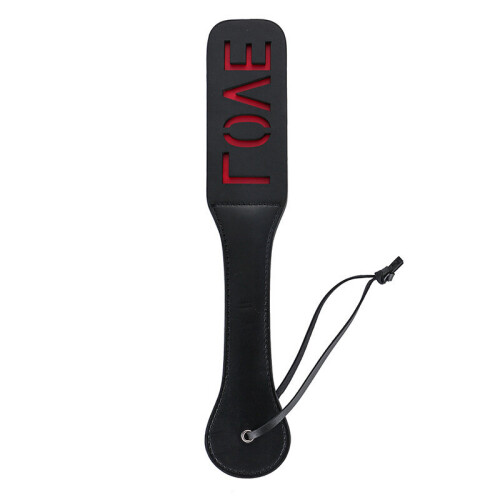 BDSM Paddle with Reverse Text - LOVE - Black and Red Faux Leather