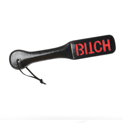 BDSM Paddle with Reverse Text - Bitch - Black and Red Faux Leather