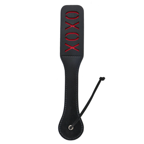 BDSM Paddle with Reverse Text - XOXO - Black and Red Faux Leather
