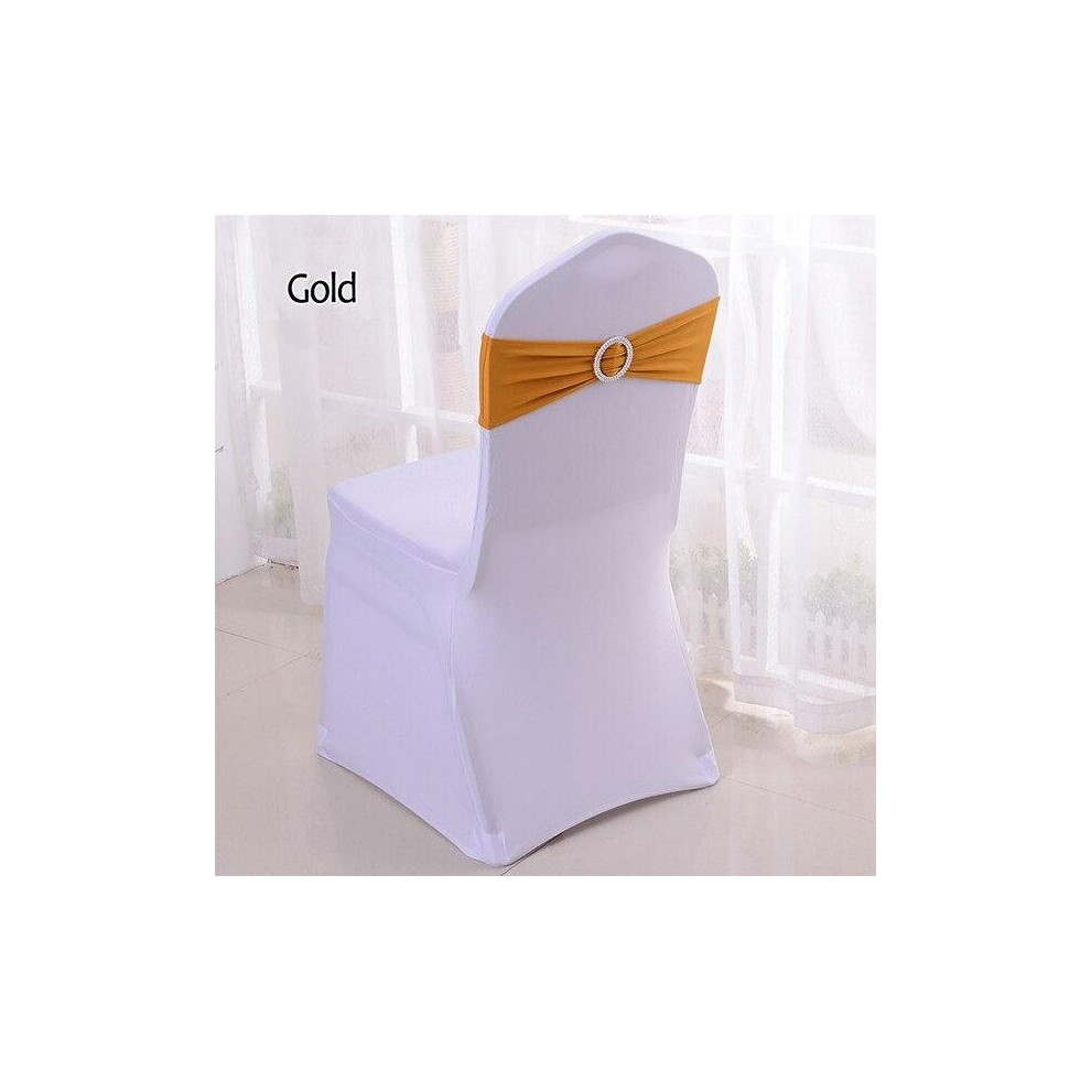 (Gold, 50pcs) 50pcs Tretch Lycra Spandex Chair Bands With Buckle Slider For Wedding Decorations Wholesale Chair Sashes Bow Not A Chair Cover