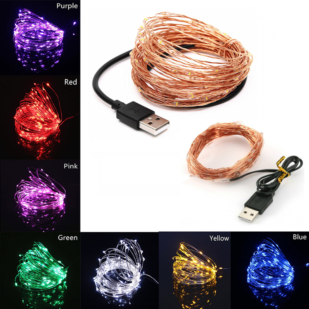 (Purple, 10M 100LEDs) 5M/10M 50LEDs/100LEDs 5V USB LED String Light Fairy Christmas Copper Wire Wedding Garland Lights