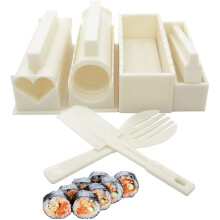 EXZACT Sushi Maker Kit 10pcs / Rice Roll Mold - 5 Unique Mold Shapes - Heart, Round, Pyramid, Square/DIY Japanese Cuisine at Home/Easy and F