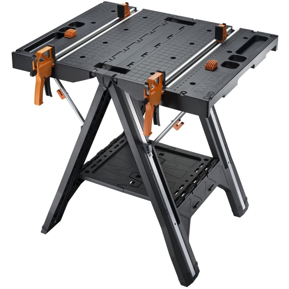 WORX WX051 Pegasus Multifunction Work Table and Sawhorse with Quick Clamps and Holding Pegs, Black