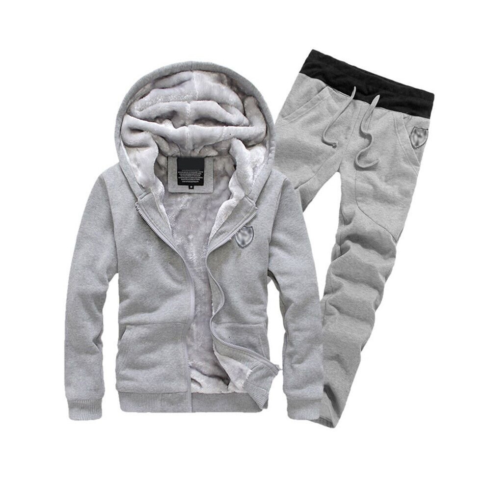 (Grey-Tops Trousers 2pcs Sets, Tag size 3XL = US/AU/UK/EU XL) 2Pcs Men Winter Fitness Tracksuit Set Running Hoodie Sweatshirt Pant Casual Suit