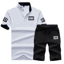 (White, 4XL) Men's stand-up collar T-shirt shorts suit sportswear suit