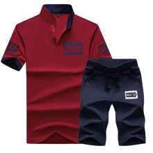 (Red, M) Men's stand-up collar T-shirt shorts suit sportswear suit