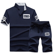 (NavyBlue, M) Men's stand-up collar T-shirt shorts suit sportswear suit