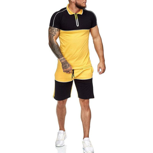 (Yellow, L) 2-pack men's track suit suit T-shirt top + short pants suit