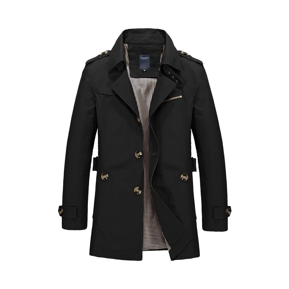 (Black, 2XL) Men's winter mid-length jacket coat cotton trench coat