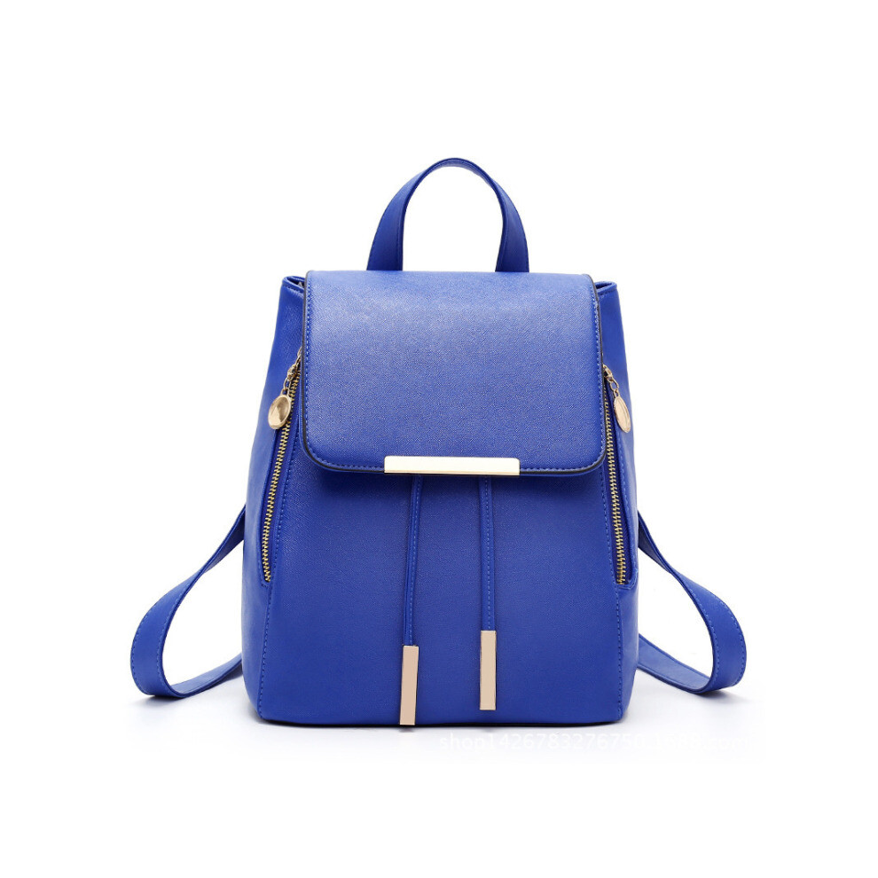 (Dark blue) Casual Double Zipper Iron Edge Drawstring Flap PU Backpack Fashion Female Backpack Female Bag-image-OPC-P88V8HG-NEW