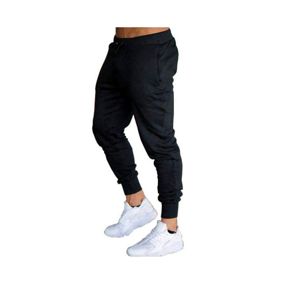 (Black, L) Men's elastic jogging fitness sportswear pants