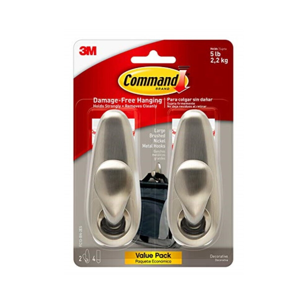 Command Large Forever Classic Metal Hook, Brushed Nickel, 2-Hooks, 4-Strips, Decorate Damage-Free