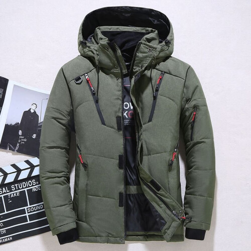 (Green, M) Men's warm duck down jacket ski jacket hooded down coat
