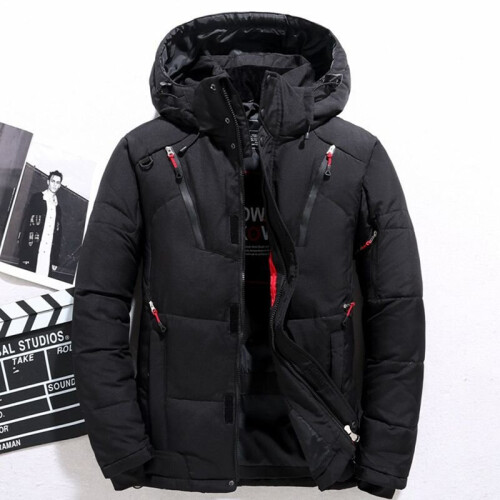 (Black, 2XL) Men's warm duck down jacket ski jacket hooded down coat