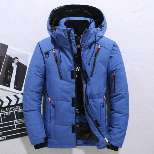 (Blue, M) Men's warm duck down jacket ski jacket hooded down coat