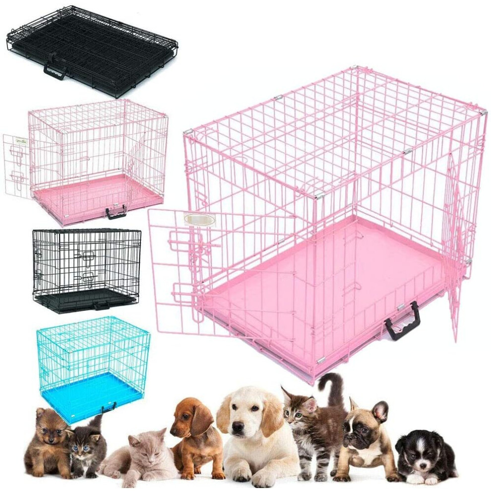 (24inch, Pink) Dog Crate Puppy Pet Cage Carrier Folding 2-Doors