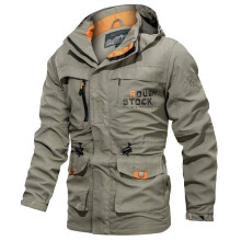 (Khaki, 4XL) Men's waterproof hooded jacket outdoor hiking jacket