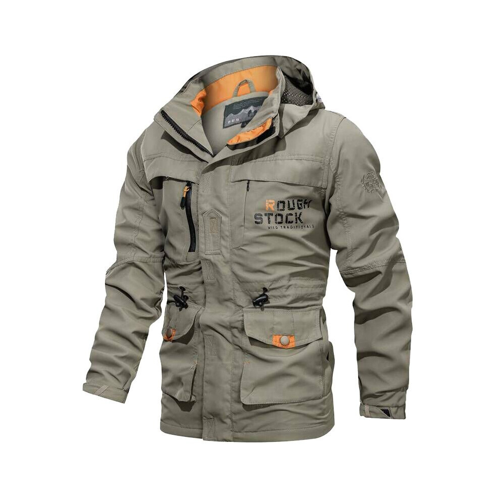 (Khaki, 4XL) Men's waterproof hooded jacket outdoor hiking jacket