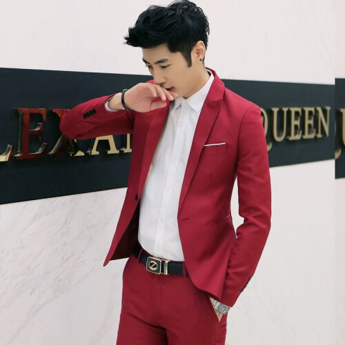 (Wine red, 2XL) Men's formal single-button blazer business jacket