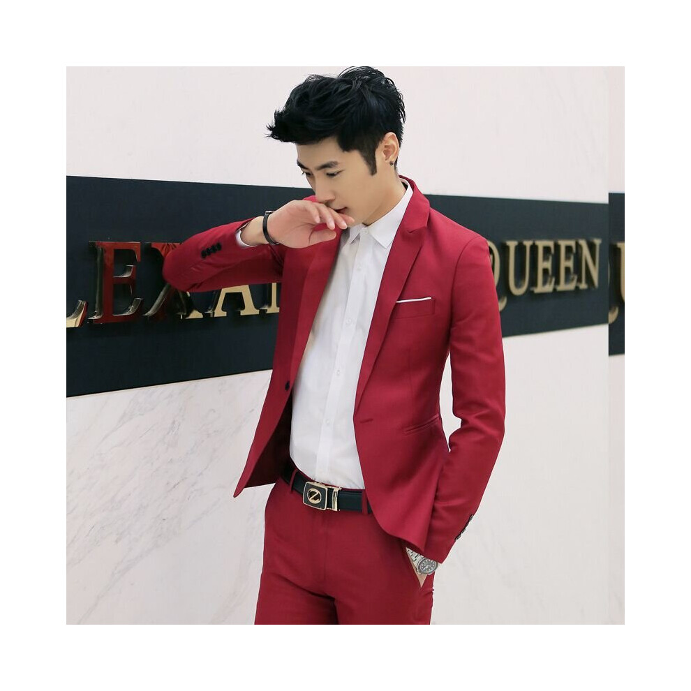 (Wine red, 2XL) Men's formal single-button blazer business jacket