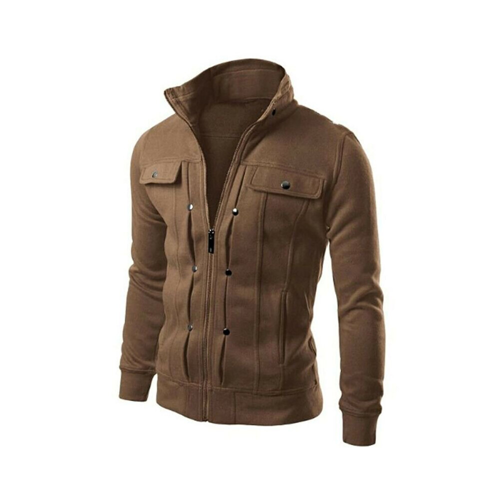 (Coffee, 4XL) Men's Stand Collar Long Sleeve Jacket Military Jacket Blazer