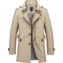 (Light Khaki, L) Men's winter mid-length jacket coat cotton trench coat