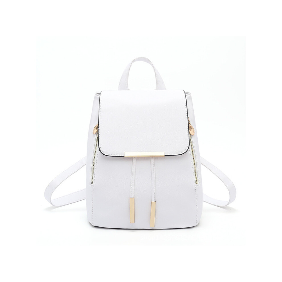 (White) Casual Double Zipper Iron Edge Drawstring Flap PU Backpack Fashion Female Backpack Female Bag