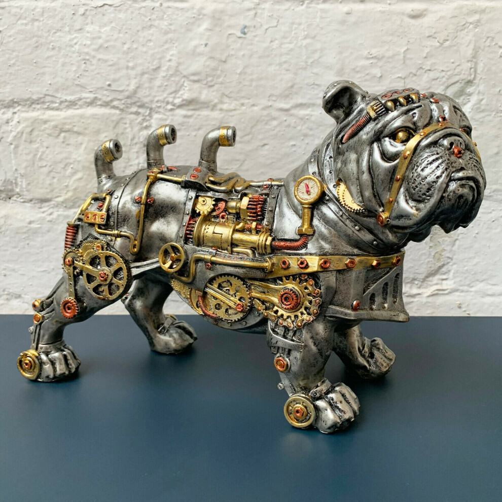 Silver Resin Gothic Steampunk Standing British Bulldog Dog Ornament